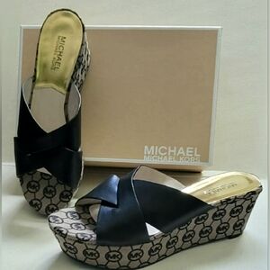 MICHAEL Michael Kors Black Logo Wedge Sandals